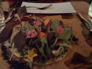 Beautiful Salad at Ubutu, garnished with "beet dirt". Dehydrated beets and hazlenuts ground into edible "dirt".