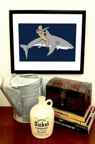 Diver Riding A Shark Art Print