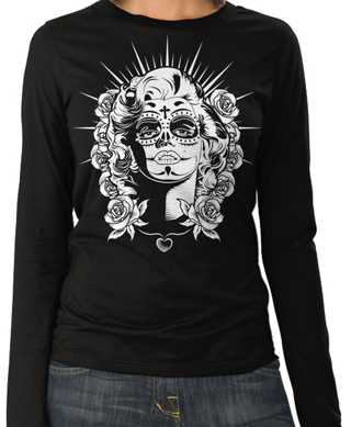 Sugar Skull Zombie Pin Up Ladies Long Sleeve T-Shirt