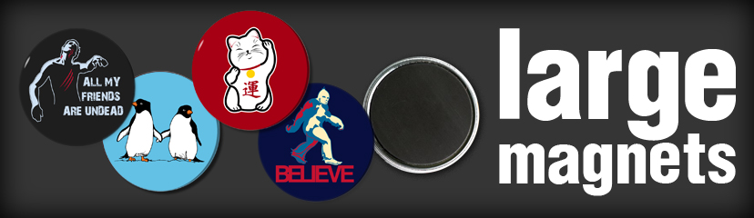 Large magnets for your fridge or office, featuring cool illustrations.
